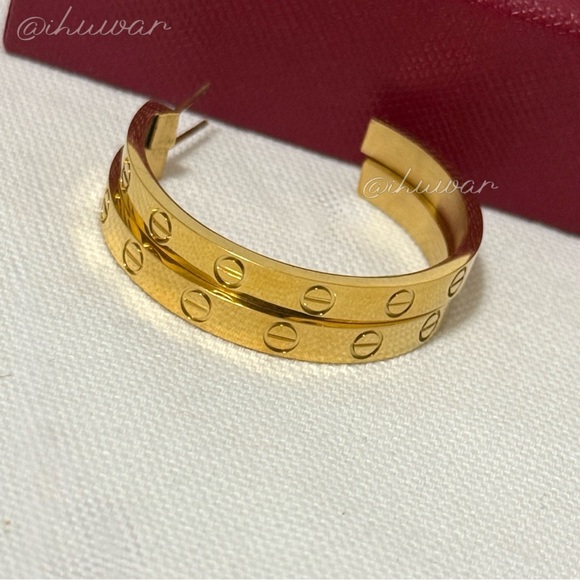 Gold Screw Design Hoop Earrings - Picture 2 of 5